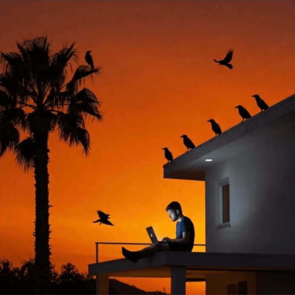 Sunset scene with crows near a palm tree and a person using a laptop on a balcony.