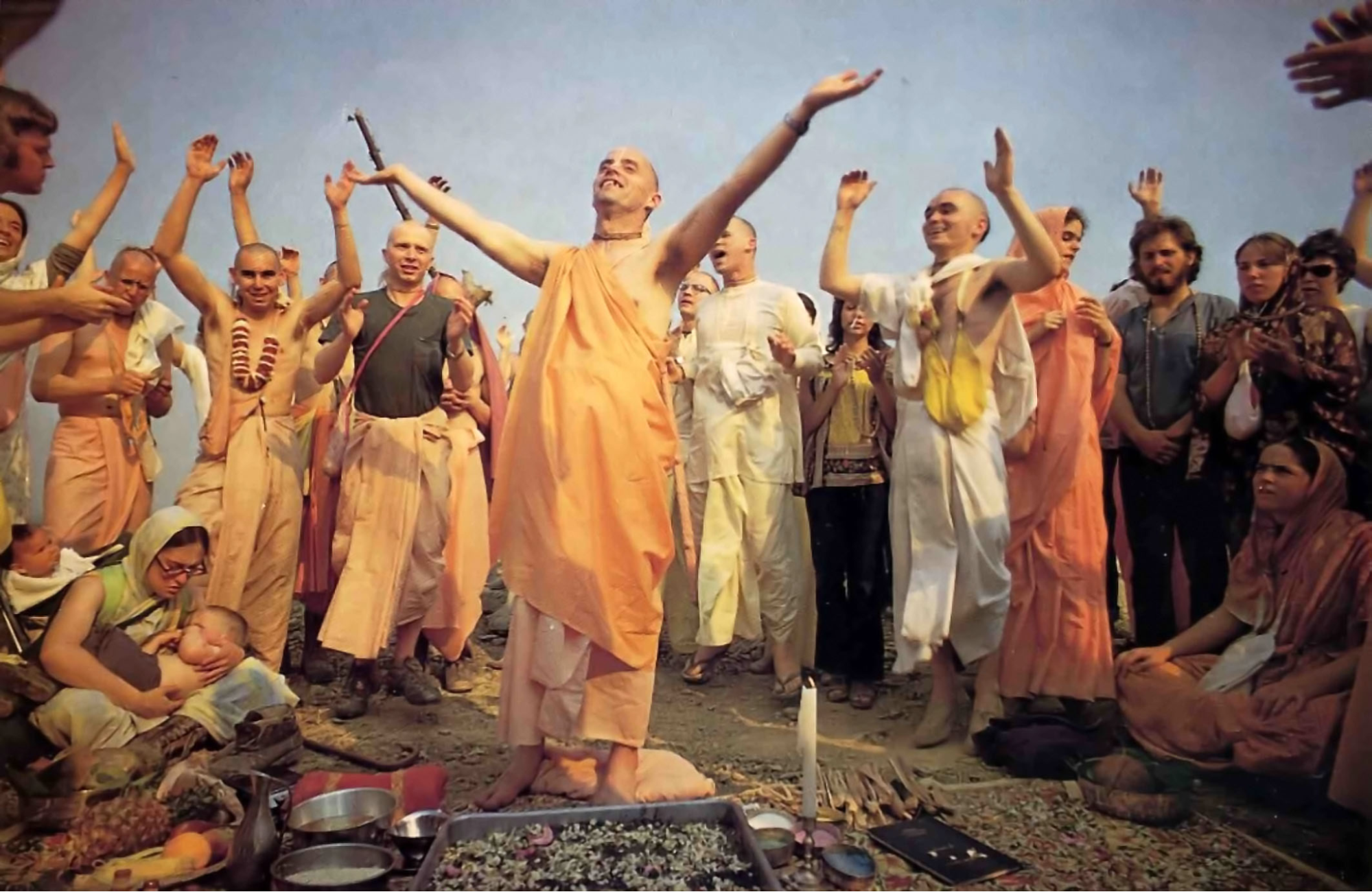 (left) Author in my mothers lap as a baby, (center) Kirtannanda Swami and his early followers.